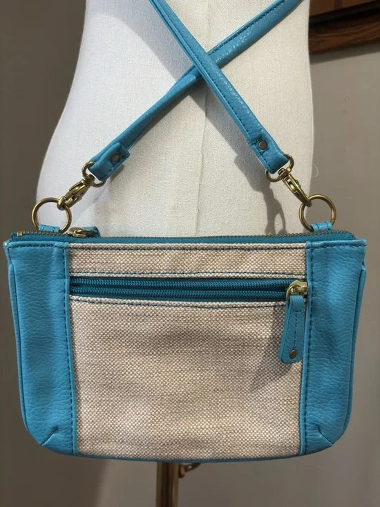 Fossil Blue Leather Cream Canvas Crossbody Shoulder Bag Purse Gold Hardware - Picture 3 of 9
